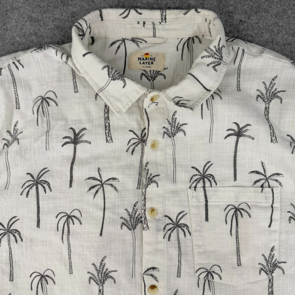 Marine Layer Shirt Mens XL White Green Palm Tree‎ Button Up Hemp Camp Hawaiian